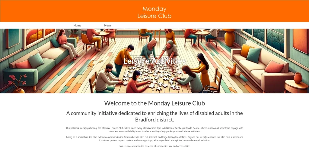 A screen shot of the Monday Leisure Club website